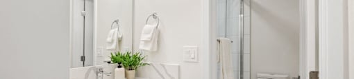 a bathroom with a sink toilet and a shower