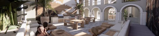 a rendering of a lobby with people sitting on benches and tables