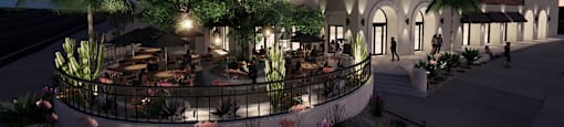 a rendering of a hotel at night with plants and lights