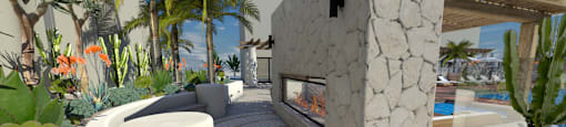 a rendering of a patio with a fireplace and a pool