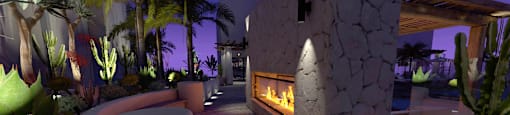 a patio with a fireplace and a seating area