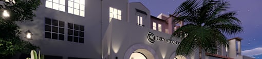 a rendering of the exterior of a building with palm trees