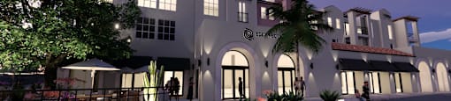 a rendering of the exterior of a hotel at night