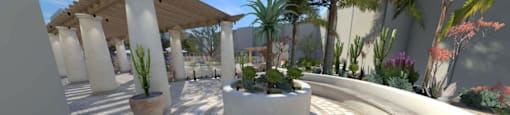 A white circular patio with a wooden pergola and potted plants.