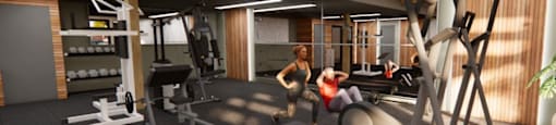 A 3D rendered image of a gym with people exercising.