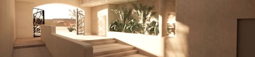 A long hallway with a staircase and plants on the side.