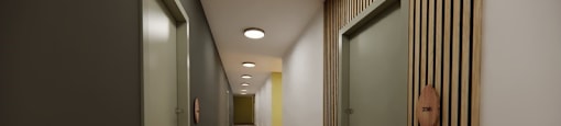 A long hallway with doors on both sides.