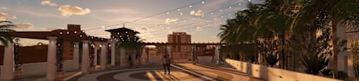 A pedestrian walkway with a person walking and string lights above.