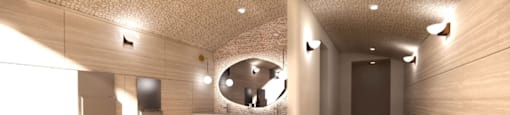 A modern bathroom with a round mirror and a wooden floor.