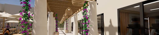A long hallway with white pillars and hanging purple flowers.