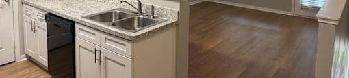 Park at Kirkstall 1-bed kitchen with a sink and living area with a window.