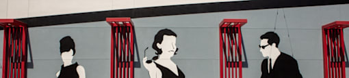 Three silhouettes of people are reflected in three windows with red curtains.