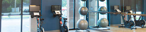 a fitness room with weights and balls and mirrors at The Yards at Malvern, Malvern, PA