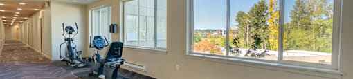 A gym with exercise equipment and a view of trees outside the window.