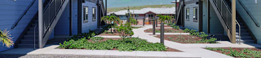 A row of houses with a gravel pathway in the foreground.