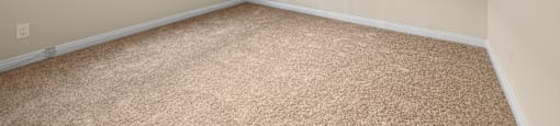 A room with a carpeted floor and a window with blinds.