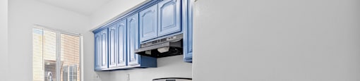 a kitchen with blue cabinets and a stove and refrigerator