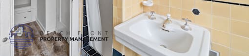 a bathroom with a sink and a mirror and a shower