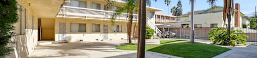 A concrete courtyard with a palm tree in the middle.