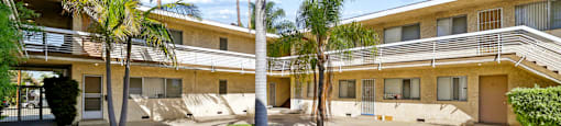A sunny day at the apartment complex with palm trees and well-kept lawns.