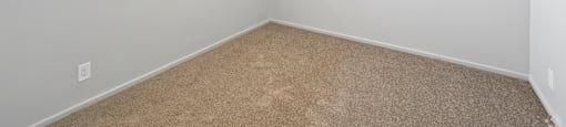 A room with a carpeted floor and a window with blinds.