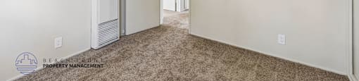 A room with a carpeted floor, a door, and a window.