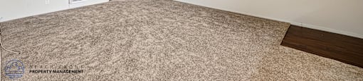 A room with a carpeted floor and a door leading to another room.