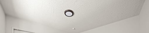 A room with a carpeted floor and a ceiling light.