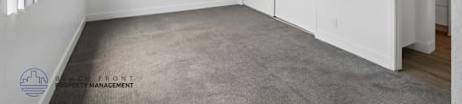 A room with a carpeted floor and white walls.