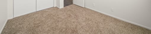 a bedroom with white walls and carpet and a door to a hallway