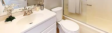 A white toilet sits next to a sink in a bathroom.