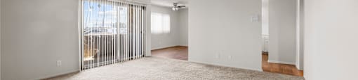 A sparsely furnished room with a carpeted floor and a sliding glass door.