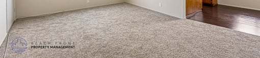 A spacious room with a carpeted floor and a window overlooking trees.