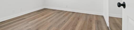 A room with a wooden floor and a white door.