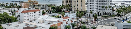 A cityscape with a mix of modern and older buildings, palm trees, and a cloudy sky.