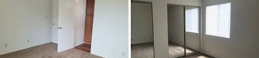 Two images of an empty room with carpeted floors and white walls.