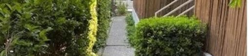 a narrow sidewalk next to a wooden fence