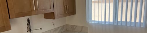 A kitchen with a sink and wooden cabinets.