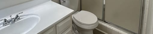 A white bathroom with a toilet, sink, and shower.