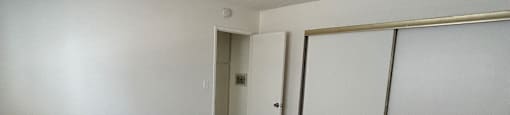 A room with white walls and wood flooring with a white closet.