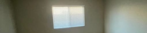 A room with a carpeted floor and a window with blinds.