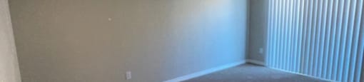 A room with a carpeted floor and a window with blinds.