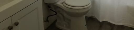 A white toilet sits next to a white sink in a small bathroom.