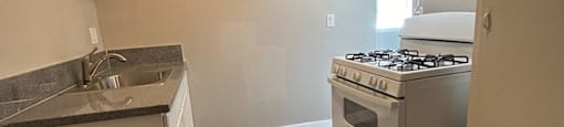a kitchen with a stove and a sink and a refrigerator