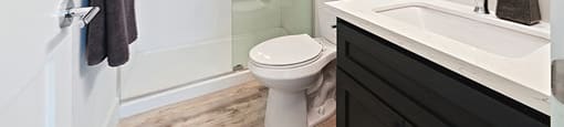 A bathroom with a toilet, sink, and shower.