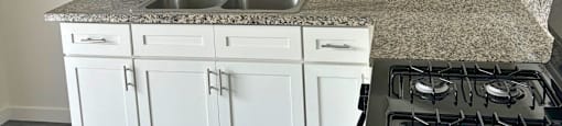 a kitchen with white cabinets and granite counter tops and a sink