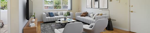 a living room with two couches and a table and chairs