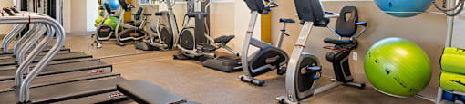 A gym with a variety of equipment including treadmills, stationary bikes, and weight machines.