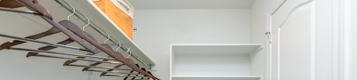 A white closet with shelves and a door.