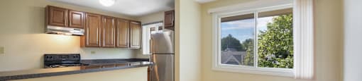 an empty kitchen with a window and a stainless steel refrigerator